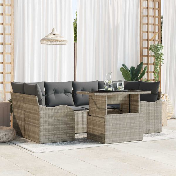 vidaXL Conjunto de sof&aacute; de jard&iacute;n 7 pcs Gris claro Rattan de Poli&eacute;ster