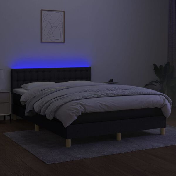 vidaXL Cama box spring colch&oacute;n y luces LED tela negro 140x200 cm
