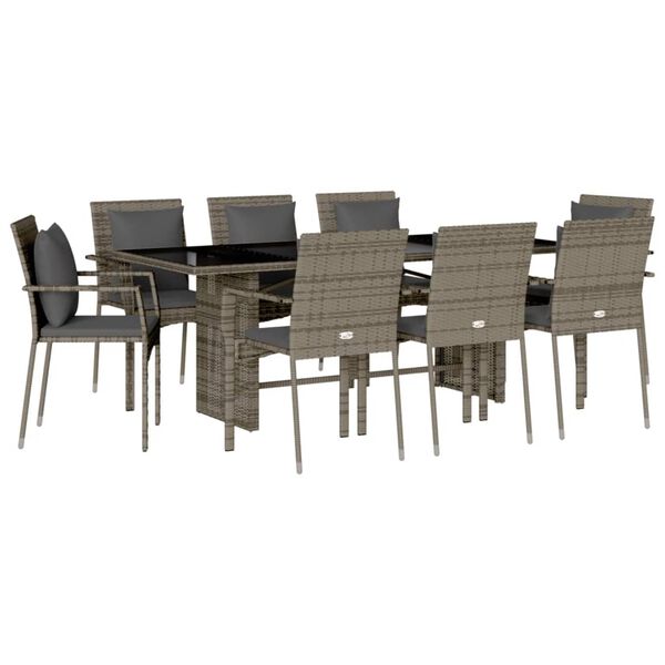 vidaXL Set comedor jard&iacute;n 9 pzas y cojines rat&aacute;n sint&eacute;tico gris