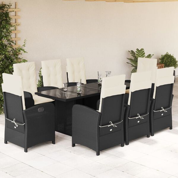 vidaXL Set de comedor de jard&iacute;n 9 pzas y cojines rat&aacute;n sint&eacute;tico negro