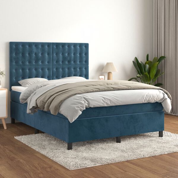 vidaXL Cama box spring con colch&oacute;n terciopelo azul oscuro 140x200 cm