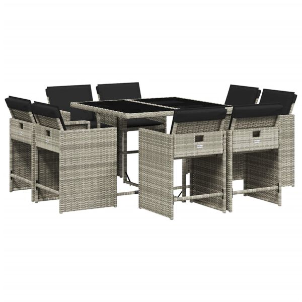 vidaXL Set comedor de jard&iacute;n 9 pzas cojines rat&aacute;n sint&eacute;tico gris claro