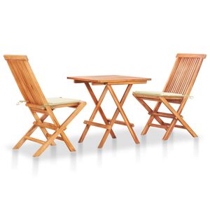 vidaXL Set de bistr&oacute; 3 piezas con cojines crema madera maciza teca
