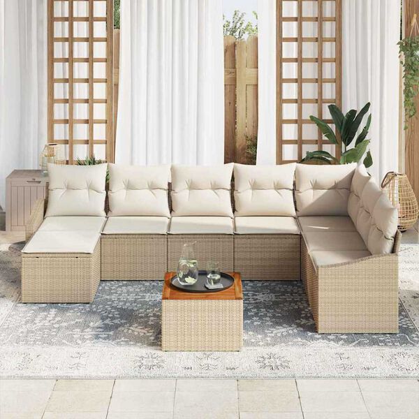 vidaXL Conjunto de sof&aacute;s de jard&iacute;n 9 pcs Beige y Crema rat&aacute;n sint&eacute;tico