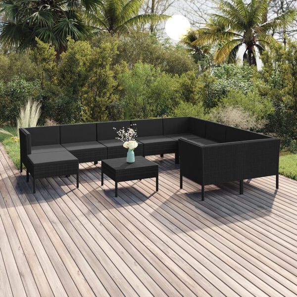 vidaXL Set muebles de jard&iacute;n 11 pzas y cojines rat&aacute;n sint&eacute;tico negro