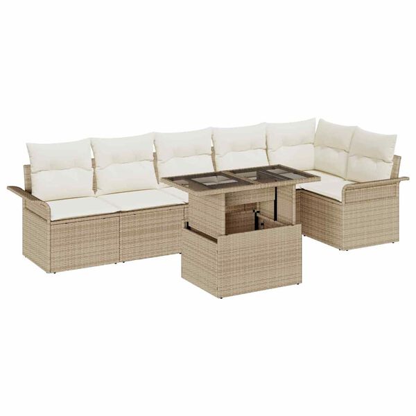 vidaXL Conjunto de sof&aacute; de jard&iacute;n con coj&iacute;n 7 pcs Beige Polirat&aacute;n