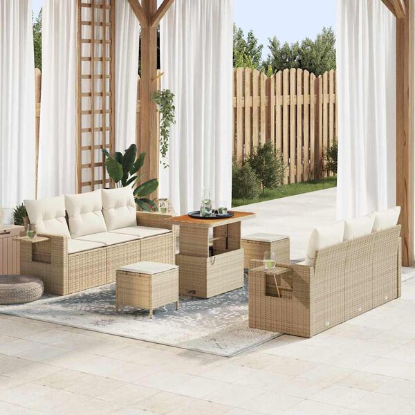 vidaXL Conjunto de sof&aacute; de jard&iacute;n 9 pcs Beige rat&aacute;n sint&eacute;tico