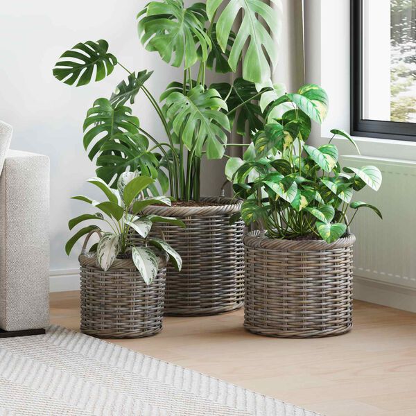 vidaXL Cesta para Plantas 3 pcs Gris Kubu Rat&aacute;n Kubu