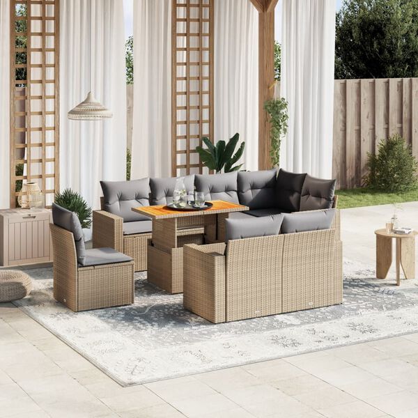 vidaXL Set de sof&aacute;s de jard&iacute;n 9 pzas con cojines rat&aacute;n sint&eacute;tico beige