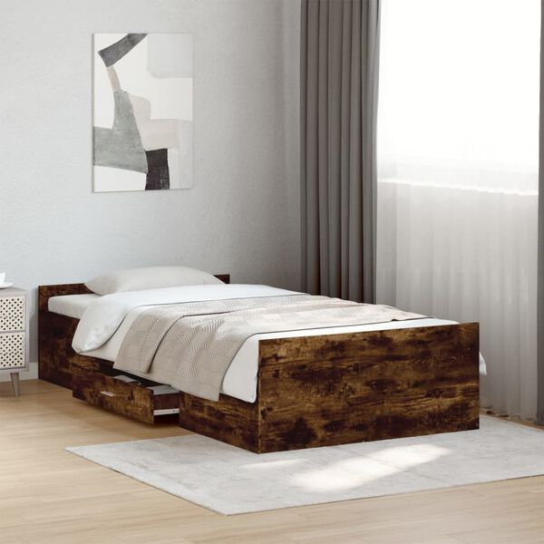 vidaXL Cama con cajones madera de ingenier&iacute;a roble ahumado 90x200 cm