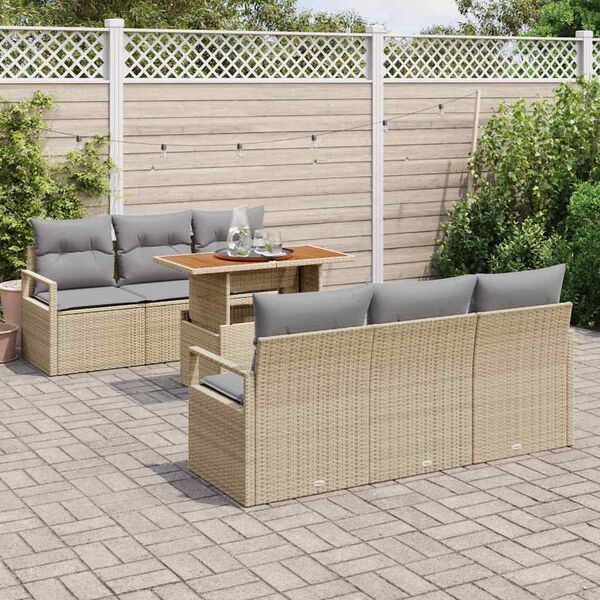 vidaXL Conjunto de sof&aacute; de jard&iacute;n 7 pcs Beige Polirat&aacute;n