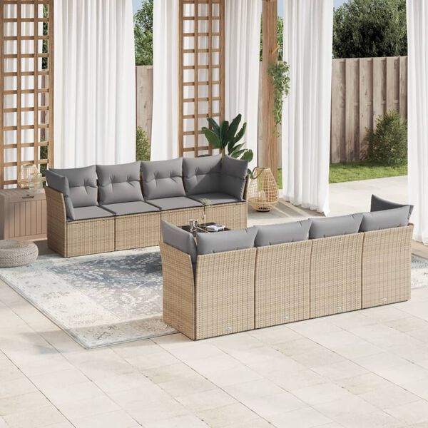 vidaXL Set de sof&aacute;s de jard&iacute;n 9 pzas con cojines rat&aacute;n sint&eacute;tico beige