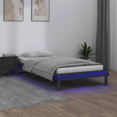 vidaXL Estructura de cama con LED madera maciza gris 90x190 cm