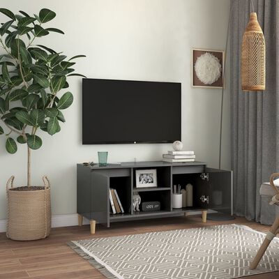vidaXL Mueble de TV patas madera pino gris con brillo 103,5x35x50 cm