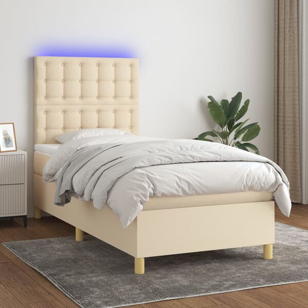 vidaXL Cama box spring colch&oacute;n y luces LED tela crema 90x200 cm
