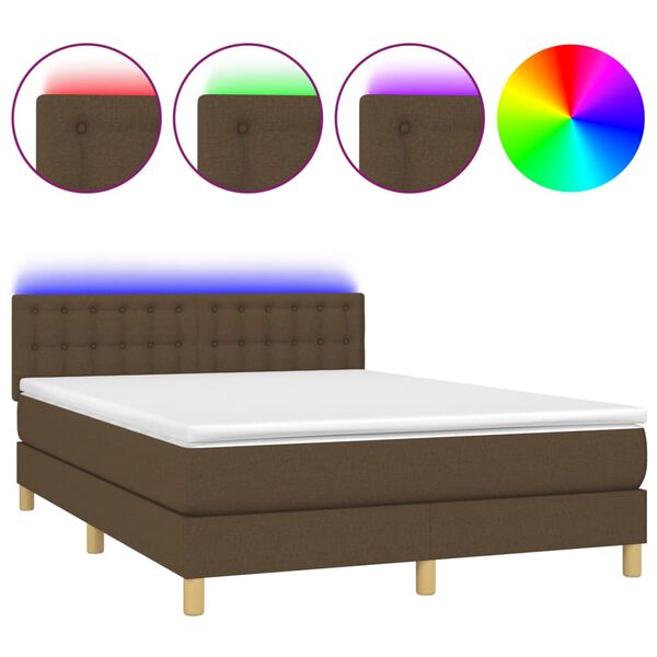 vidaXL Cama box spring colch&oacute;n luces LED tela marr&oacute;n oscuro 140x190 cm