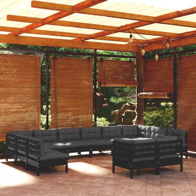 vidaXL Muebles de jardín 12 pzas y cojines negro madera maciza de pino