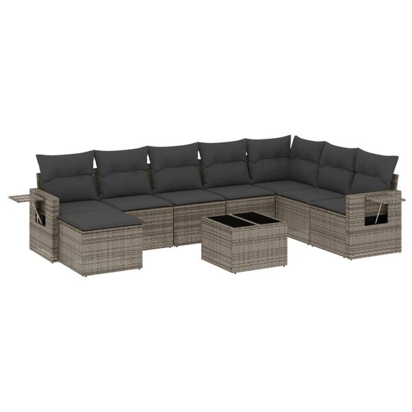 vidaXL Set de muebles de jard&iacute;n 9 pzas y cojines rat&aacute;n sint&eacute;tico gris