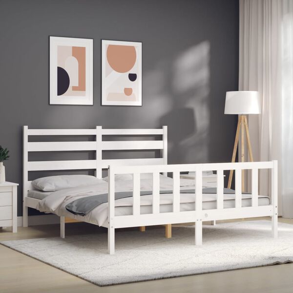 vidaXL Estructura de cama matrimonio con cabecero madera maciza blanco