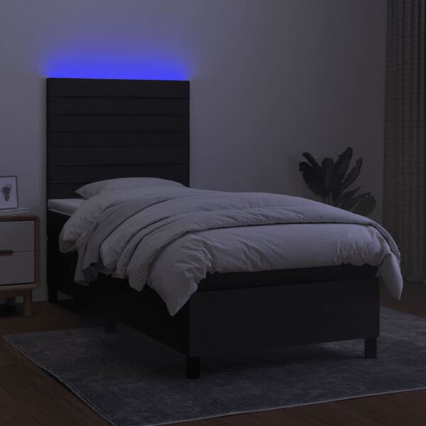 vidaXL Cama box spring colch&oacute;n y luces LED tela negro 90x200 cm
