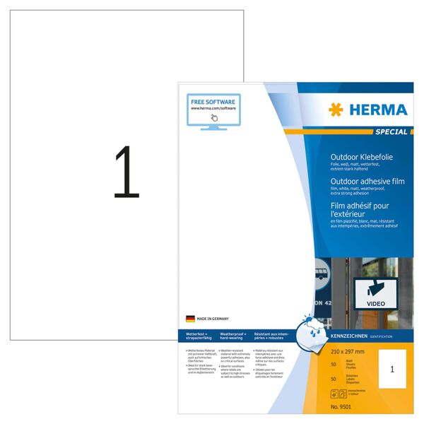 HERMA Etiquetas f&iacute;lmicas impermeables 50 hojas A4 blanco 210x297 mm