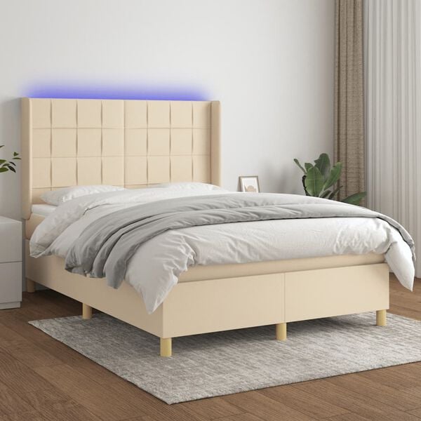 vidaXL Cama box spring colch&oacute;n y luces LED tela crema 140x190 cm