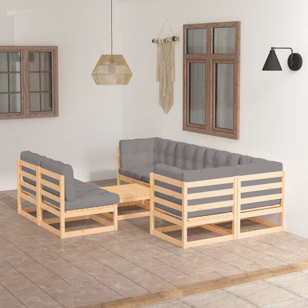 vidaXL Muebles de jardín 8 pzas y cojines madera maciza pino