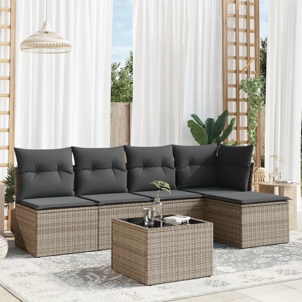 vidaXL Set de muebles de jardín 6 pzas y cojines ratán sintético gris