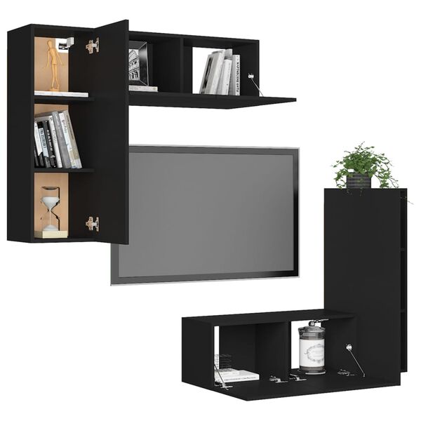 vidaXL Set de muebles de sal&oacute;n TV 4 piezas madera de ingenier&iacute;a negro