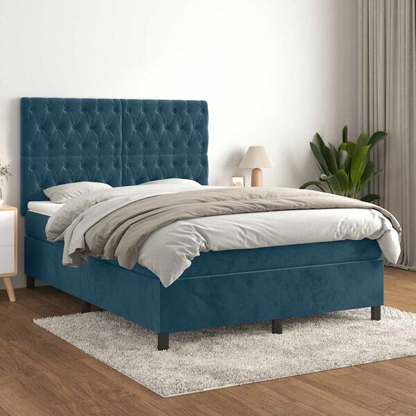 vidaXL Cama box spring con colch&oacute;n terciopelo azul oscuro 140x200 cm
