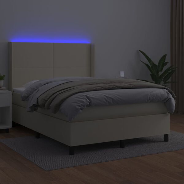 vidaXL Cama box spring colch&oacute;n y LED cuero sint&eacute;tico crema 140x190 cm