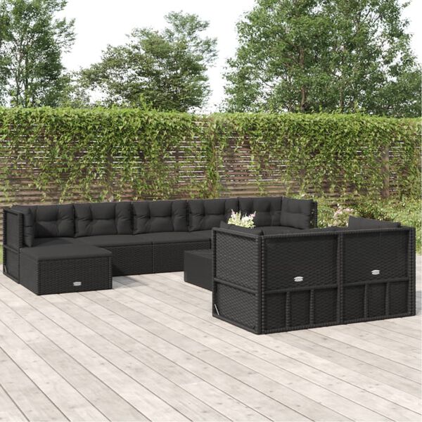 vidaXL Set de muebles de jard&iacute;n 9 pzas y cojines rat&aacute;n sint&eacute;tico negro