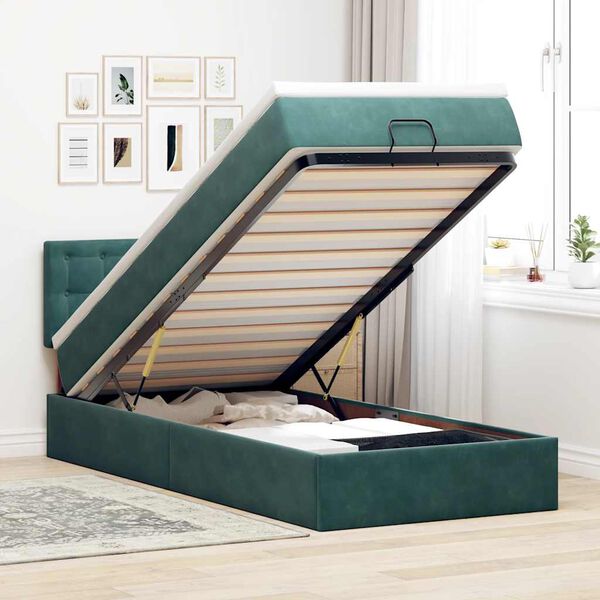 vidaXL Cama otomana con colch&oacute;n y LED terciopelo verde oscuro 90x200cm