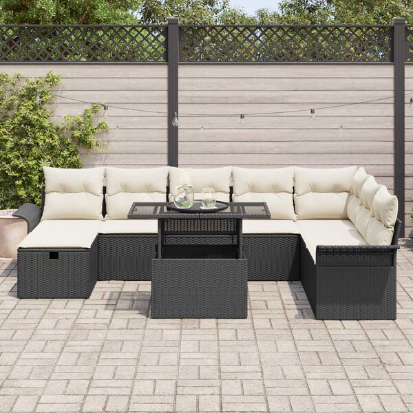 vidaXL Conjunto de sof&aacute; de jard&iacute;n con coj&iacute;n 9 pcs Negro Polirat&aacute;n