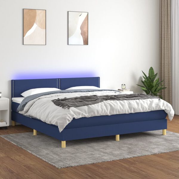 vidaXL Cama box spring con colch&oacute;n y LED tela azul 180x200 cm