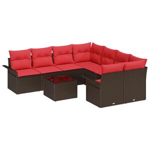 vidaXL Conjunto de sof&aacute; de jard&iacute;n 9 uds. Beige y Rojo rat&aacute;n sint&eacute;tico