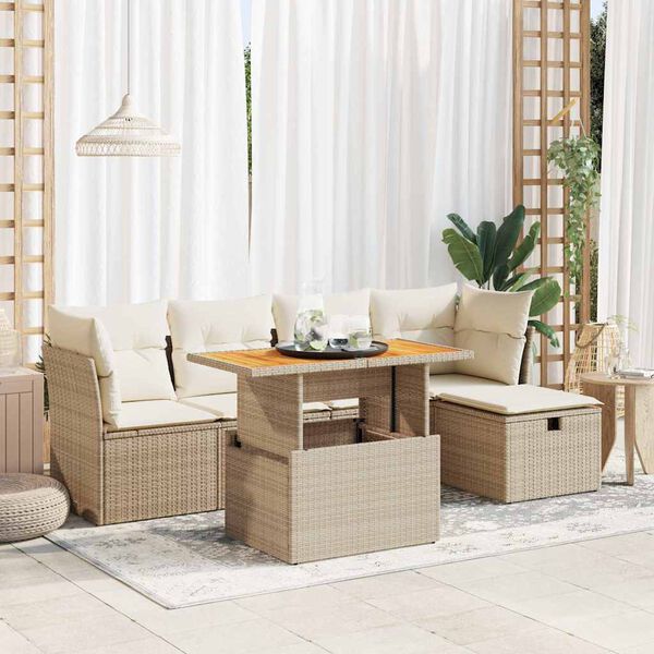 vidaXL Set sof&aacute;s jard&iacute;n y cojines 6 pzas rat&aacute;n sint&eacute;tico acacia beige