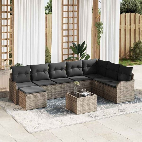 vidaXL Conjunto de sof&aacute; de jard&iacute;n 9 pcs Gris rat&aacute;n sint&eacute;tico