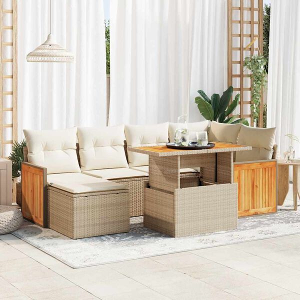 vidaXL Set sof&aacute;s jard&iacute;n y cojines 7 pzas rat&aacute;n sint&eacute;tico acacia beige