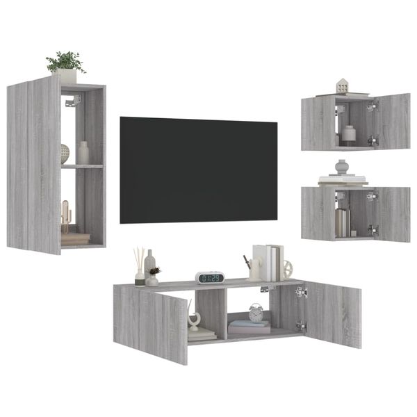 vidaXL Muebles de TV de pared con luces LED 4 piezas gris Sonoma
