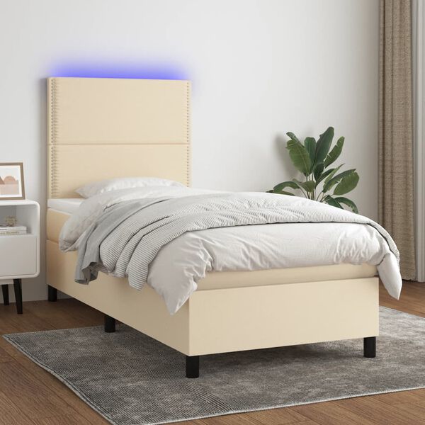 vidaXL Cama box spring colch&oacute;n y luces LED tela color crema 90x190 cm
