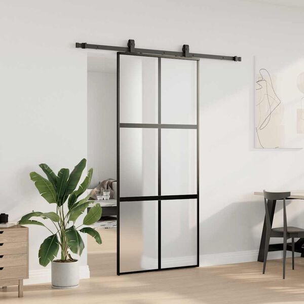 vidaXL Puerta corredera con herrajes negro 90x205 cm vidrio templado