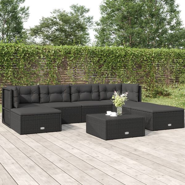 vidaXL Set de muebles de jard&iacute;n y cojines 7 pzas rat&aacute;n sint&eacute;tico negro