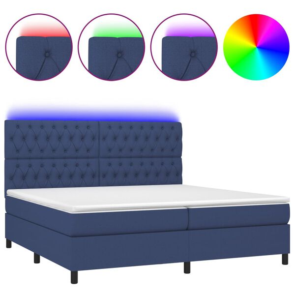 vidaXL Cama box spring colch&oacute;n y luces LED tela azul 200x200 cm