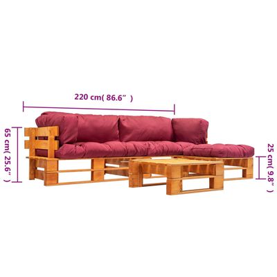 vidaXL Muebles de palets de jardín con cojines rojos 4 piezas madera