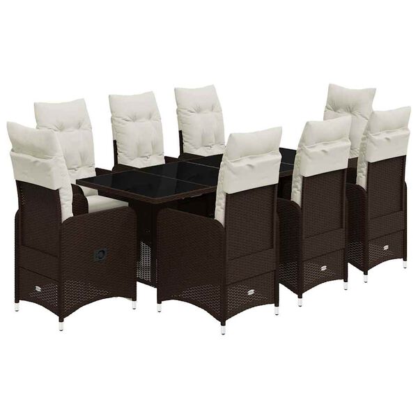 vidaXL Set de mesa y sillas jard&iacute;n 9 piezas y cojines rat&aacute;n PE marr&oacute;n