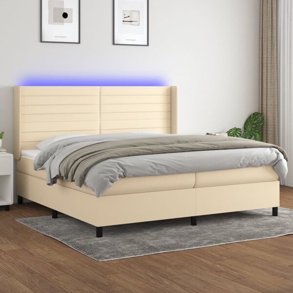 vidaXL Cama box spring colch&oacute;n y luces LED tela crema 200x200 cm