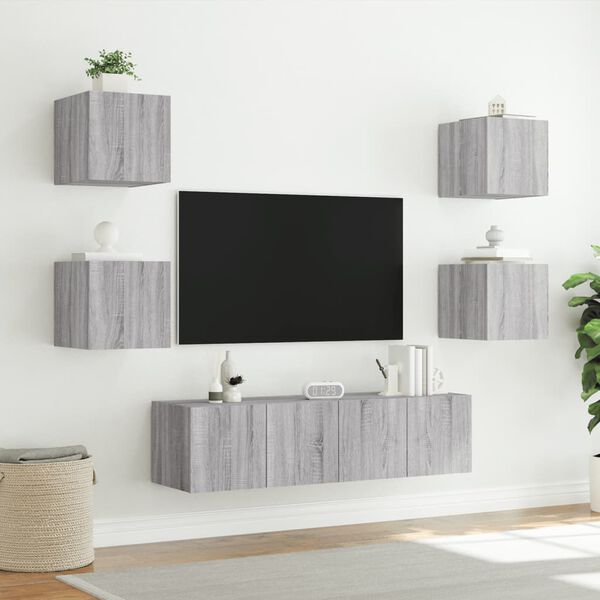 vidaXL Muebles TV pared con LED 6 pzas madera ingenier&iacute;a gris Sonoma
