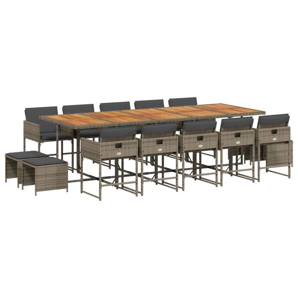 vidaXL Set comedor de jard&iacute;n con cojines 15 pzas rat&aacute;n sint&eacute;tico gris
