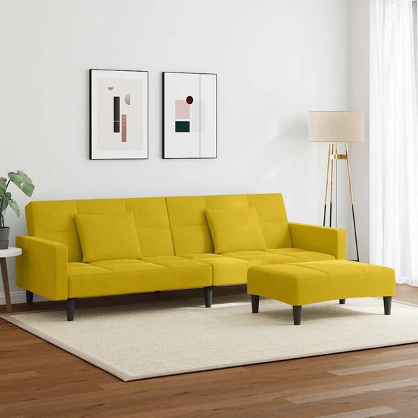 vidaXL Sof&aacute; cama de 2 plazas con taburete terciopelo amarillo